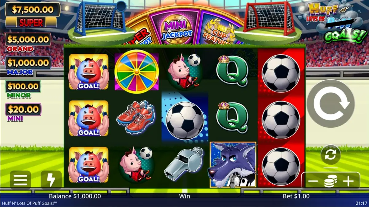Tiga babi kecil berpakaian sepak bola di depan stadion dalam slot Huff N' Lots of Goals