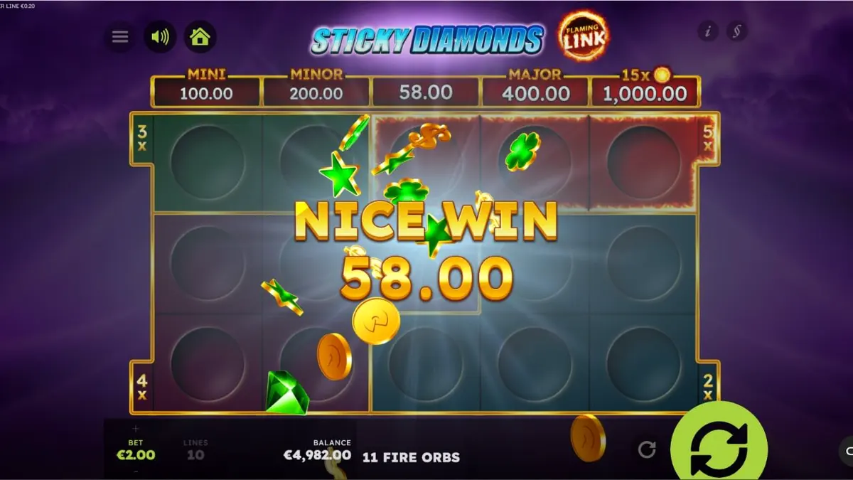 Tampilan layar permainan slot Sticky Diamonds Flaming Link dengan simbol buah dan permata