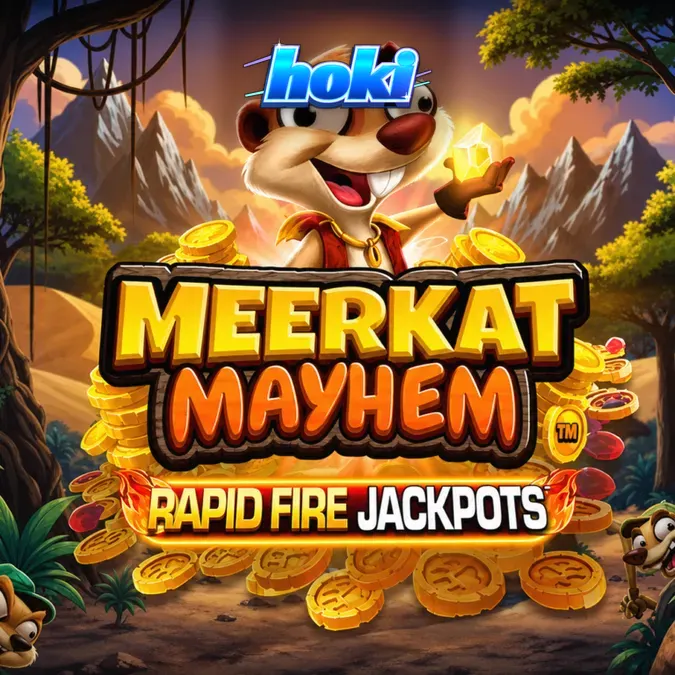 Tampilan visual slot Meerkat Mayhem dengan karakter meerkat yang lucu